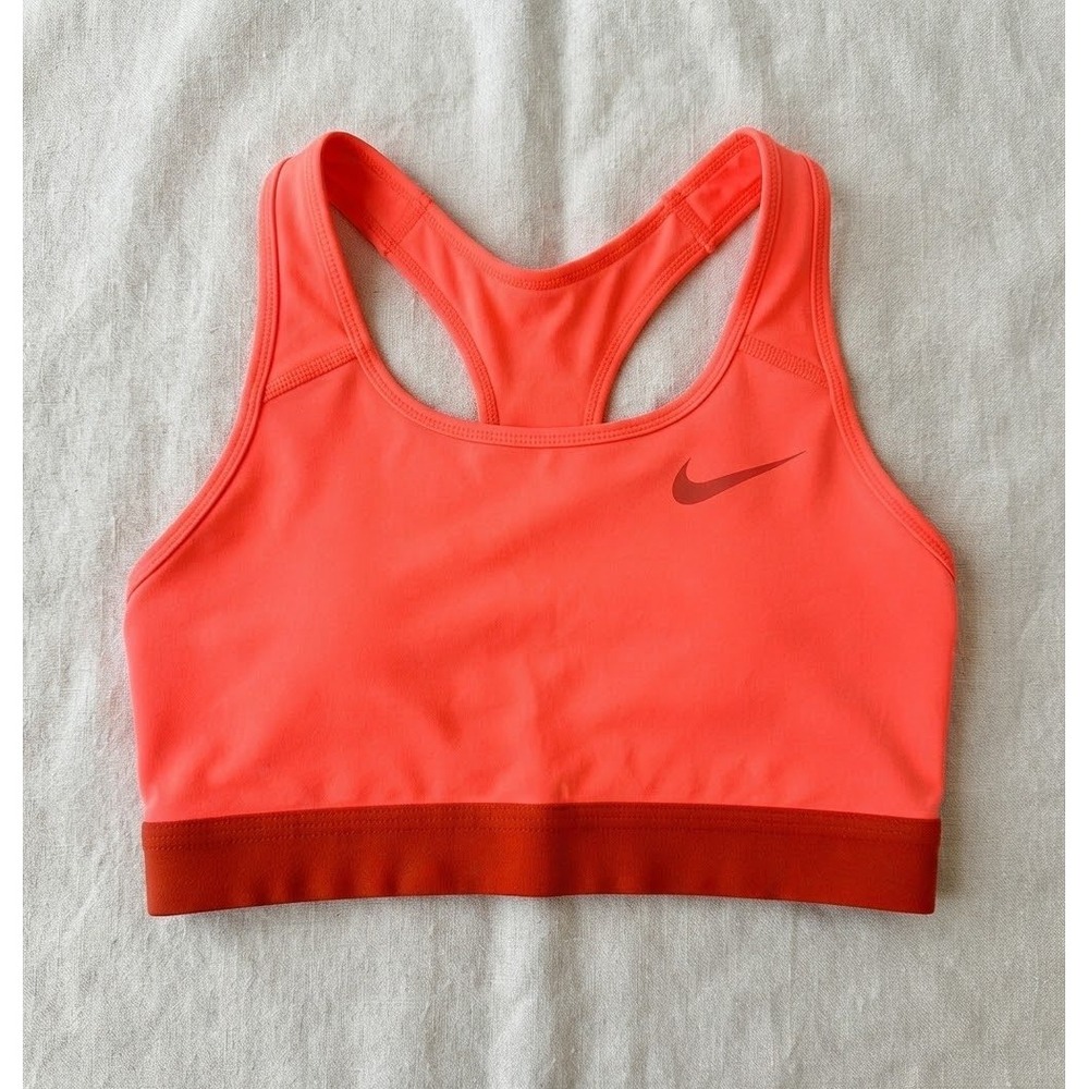 Nike Dri-FIT Racerback Sports Bra Neon Coral Red Swoosh Medium 717535-477445